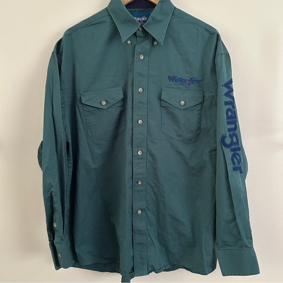 Men’s Large Wrangler Teal Western Shirt 100% Cotton - Picture 2 of 5